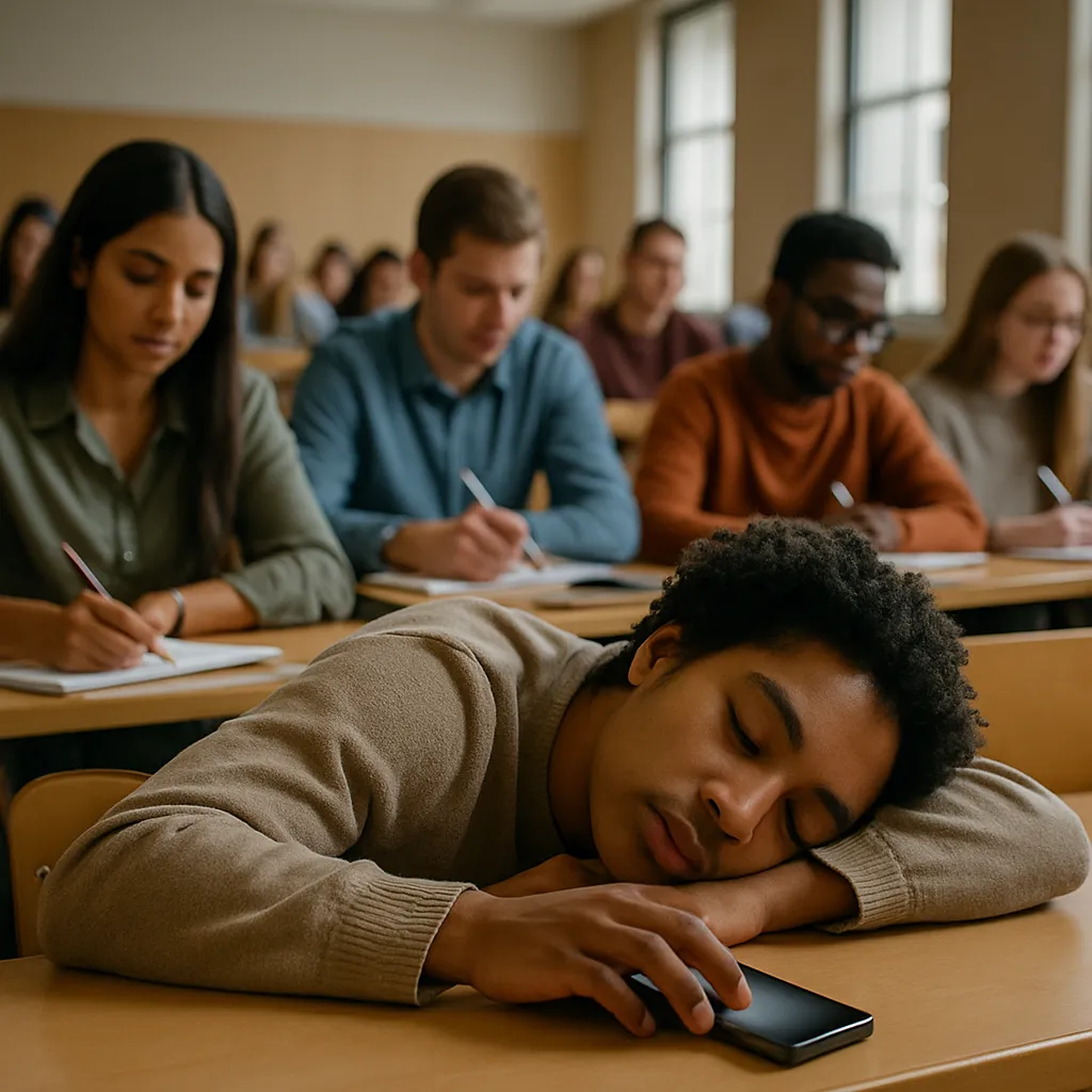 Student asleep with phone